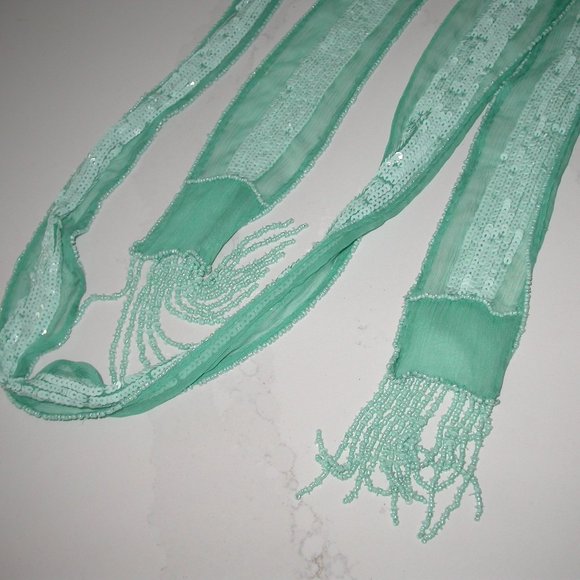 Aqua Beaded and Sequined Scarf - Picture 2 of 4